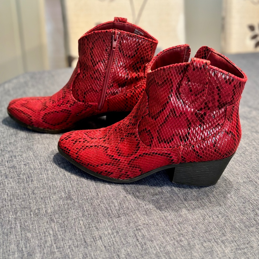 Rampage Whendl crimson red snake skin cowgirl ankle boots with heel.